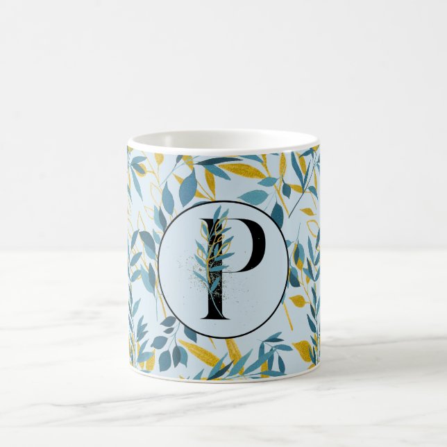 Modern Leaves Navy Blue Gold "Letter P" Coffee Mug (Center)