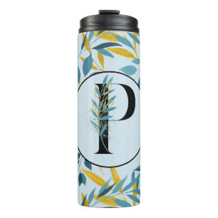 Modern Leaves Navy Blue Gold "Letter P" Thermal Tumbler