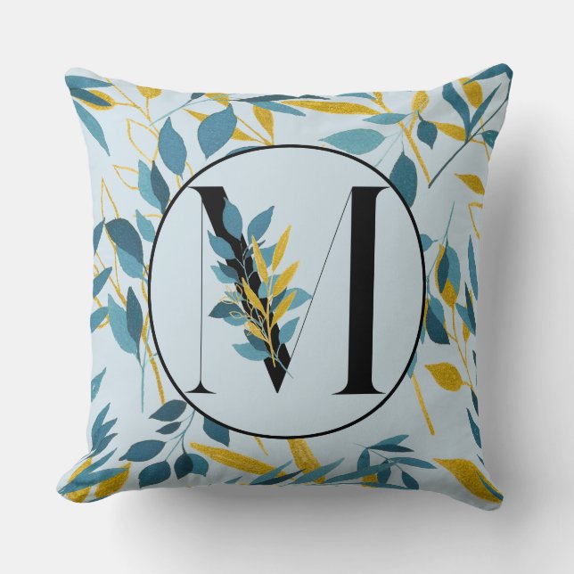 Modern Leaves Navy Gold Letter "M" Cushion (Front)