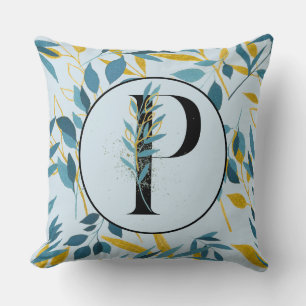 Modern Leaves Navy Gold Letter "P" Cushion