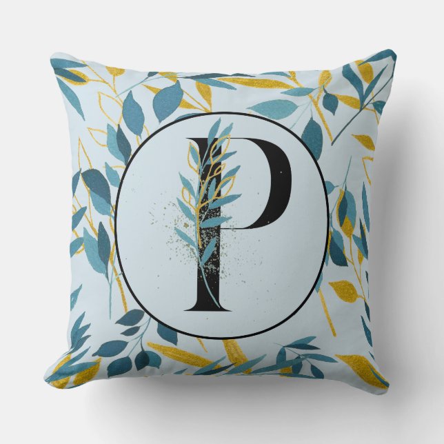 Modern Leaves Navy Gold Letter "P" Cushion (Front)
