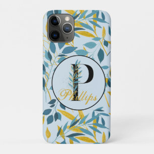 Modern Leaves Navy Gold Monogram "Letter P" iPhone 11 Pro Case