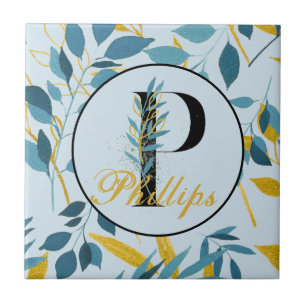 Modern Leaves Navy Gold Monogram "Letter P" Ceramic Tile