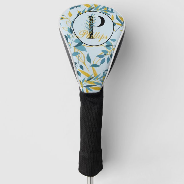 Modern Leaves Navy Gold Monogram "Letter P" Golf Head Cover (Front)