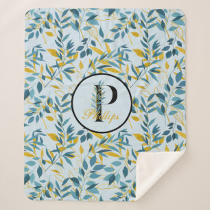 Modern Leaves Navy Gold Monogram "Letter P" Sherpa Blanket
