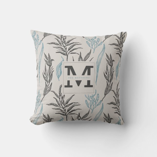 Modern Leaves Pattern Cream Brown Custom Monogram Cushion (Front)