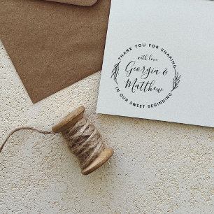 Modern Leaves Script Names Round Wedding Thank You Rubber Stamp