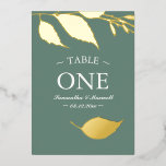 Modern Leaves Table Number Foil Card<br><div class="desc">Elevate your wedding decor with these modern and simple table numbers, featuring real gold foil fall foliage framing your details on a rich sage green background. Designed with classic serif typography, this luxury day-of stationery piece adds an elegant touch to your reception. Perfect for fall garden weddings in September, October,...</div>