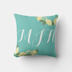 Modern Lemon and Slice Turquoise Script Initial Cushion