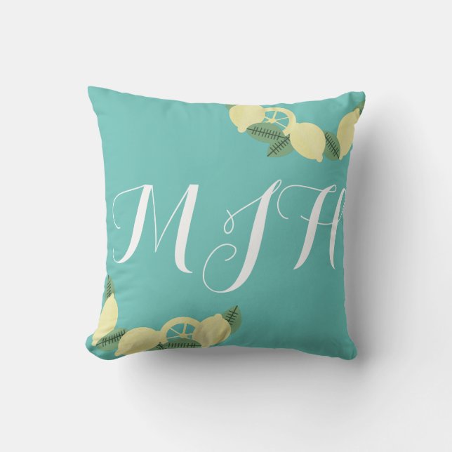 Modern Lemon and Slice Turquoise Script Initial Cushion (Front)
