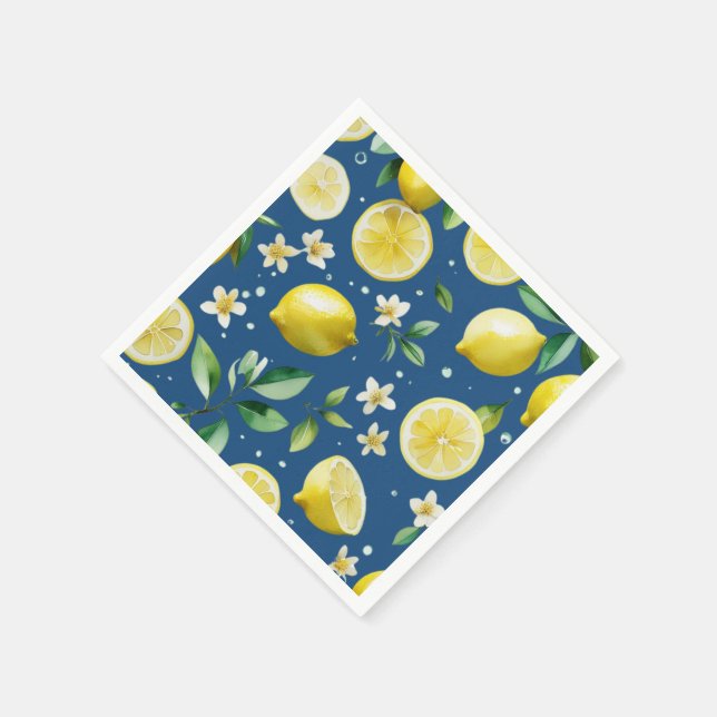 Modern lemon blue floral script bridal shower napkin (Corner)