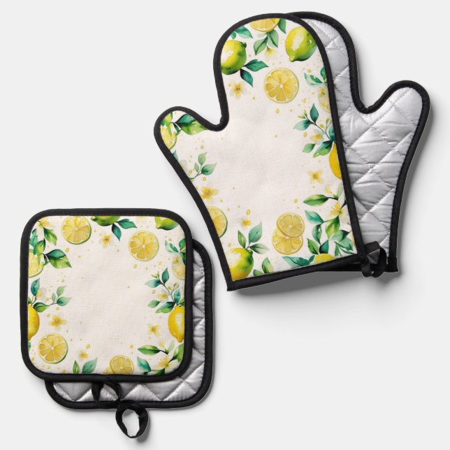Modern lemon blue floral script bridal shower oven mitt & pot holder set (Front/Back)
