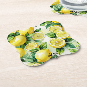 Modern lemon blue floral script bridal shower paper coaster