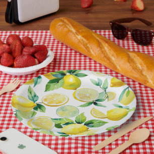 Modern lemon blue floral script bridal shower paper plate