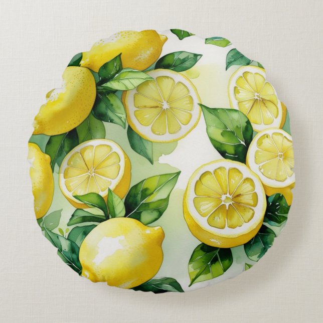 Modern lemon blue floral script bridal shower round cushion (Front)