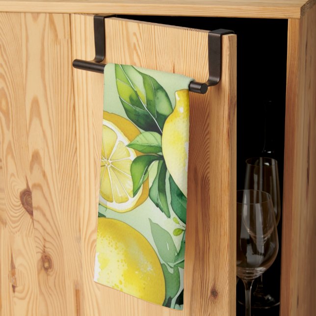 Modern lemon blue floral script bridal shower tea towel (Thirds Fold)