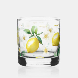 Modern lemon blue floral script bridal shower whiskey glass