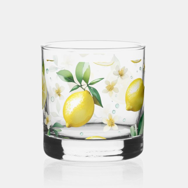 Modern lemon blue floral script bridal shower whiskey glass (Left)