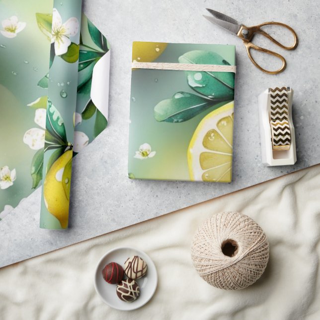 Modern lemon blue floral script bridal shower wrapping paper (Crafts)