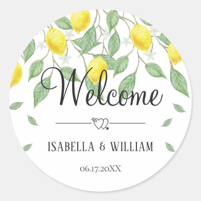 Modern Lemon Boho Summer Wedding Welcome Classic Round Sticker (Front)