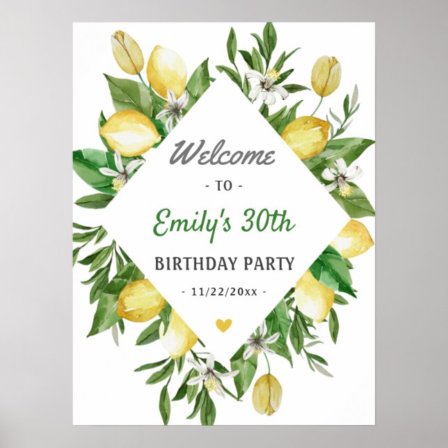 Modern Lemon Citrus Birthday Party Welcome Sign (Front)