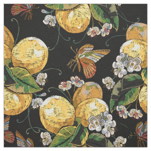 Modern Lemon Citrus Floral Butterfly Pattern Fabric