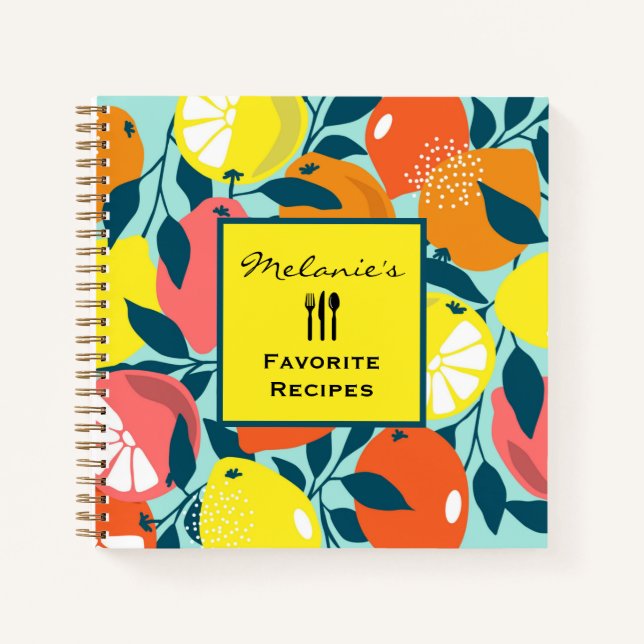 Modern Lemon Citrus Fruit Art Personalised Recipe Notebook (Front)