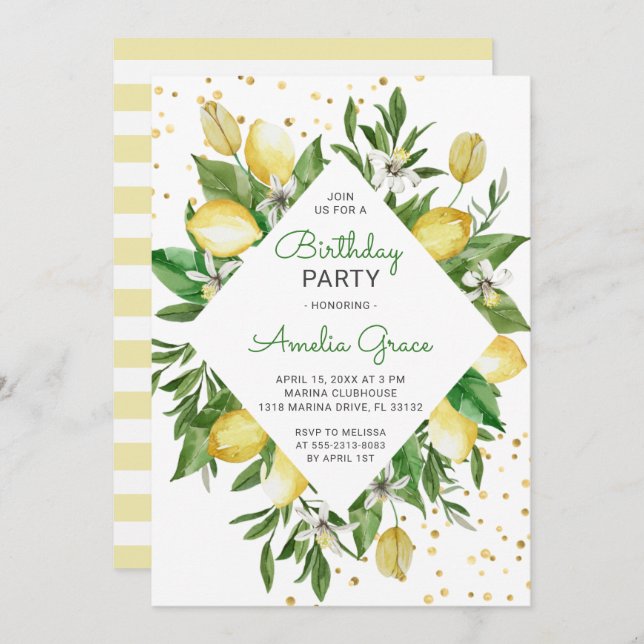 Modern Lemon Citrus Mediterranean Birthday Party Invitation (Front/Back)
