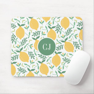Modern Lemon Citrus Summer Yellow Green Monogram Mouse Pad