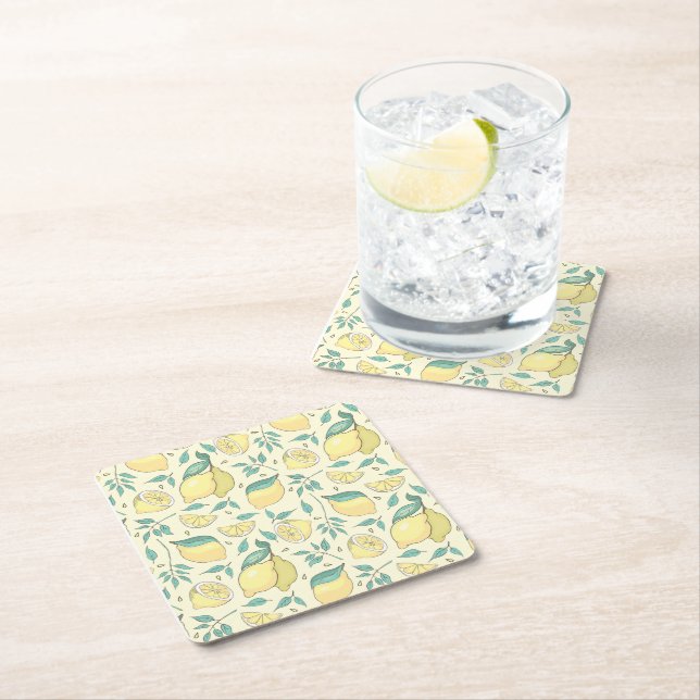 Modern Lemon Citrus Summer yellow Personalised     Square Paper Coaster (Insitu)