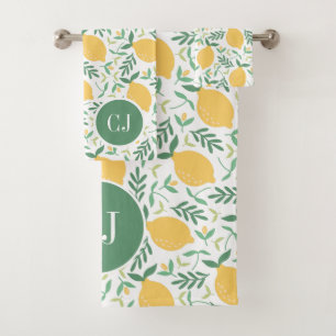 Modern Lemon Citrus Yellow Green Leaves Monogram Bath Towel Set