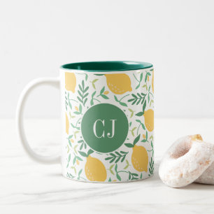 Modern Lemon Citrus Yellow Green Leaves Monogram Two-Tone Coffee Mug