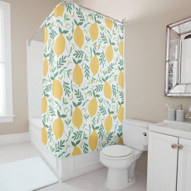 Modern Lemon Citrus Yellow Summer Greenery Leaves Shower Curtain (In Situ)