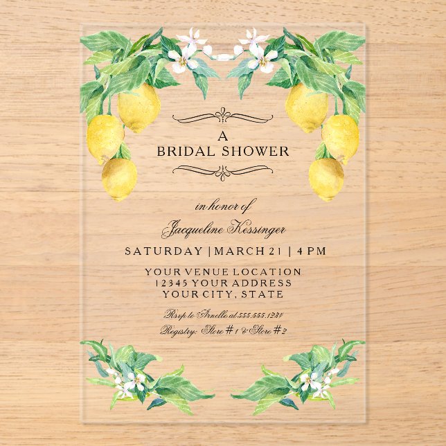 Modern Lemon Elegant Floral Blue Bridal Shower Acrylic Invitations (Front)