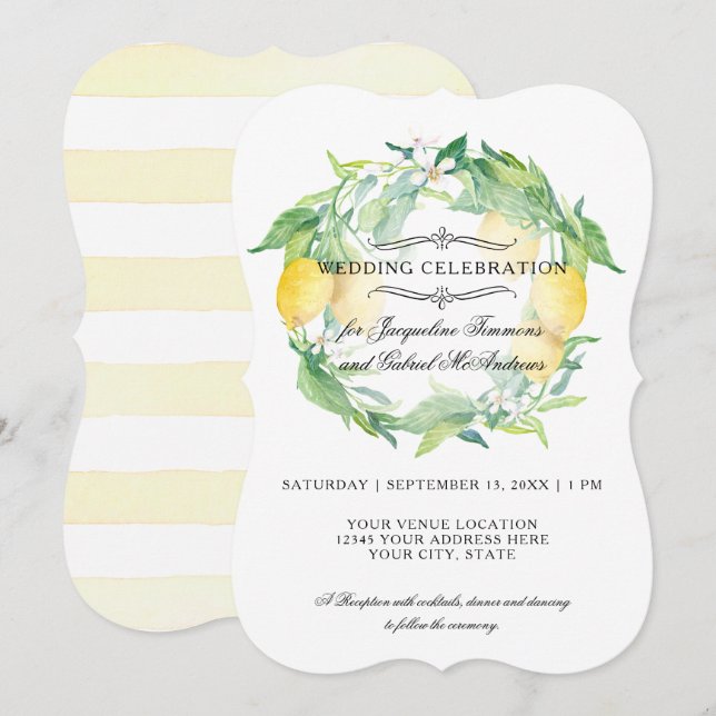 Modern Lemon Floral Citrus Foliage Wreath Wedding Invitation (Front/Back)