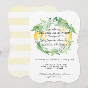 Modern Lemon Floral Citrus Foliage Wreath Wedding Invitation