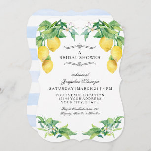 Modern Lemon Floral Elegant Blue Bridal Shower Invitation