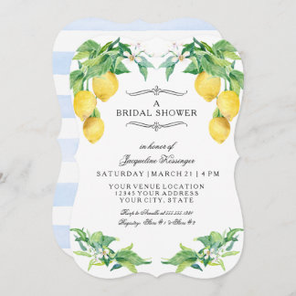 Modern Lemon Floral Elegant Blue Bridal Shower Invitation