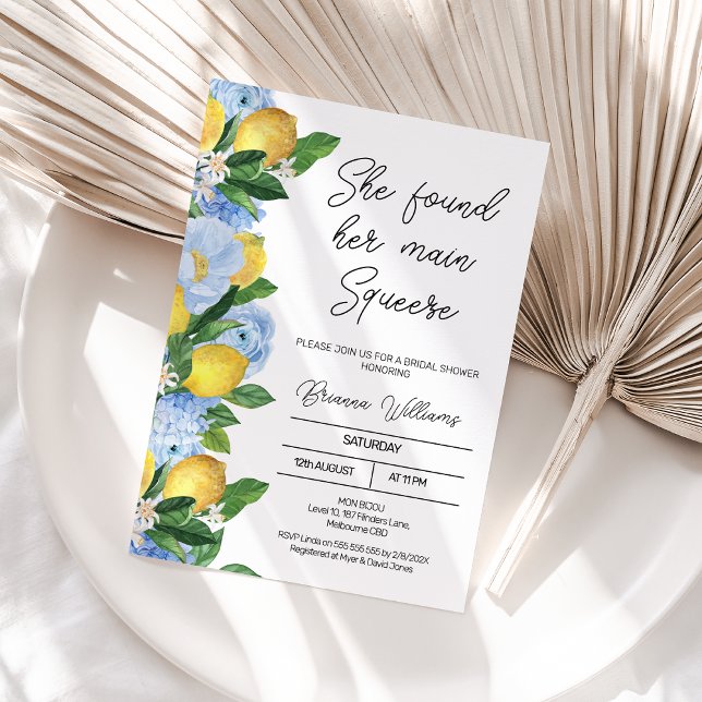 Modern Lemon Floral Main Squeeze Bridal Shower Invitation (She Found Her Main Squeeze Bridal Shower Invitation, Lemon Bridal Shower Invitation Template Blue)