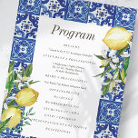 Modern Lemon Foliage Blue Mediterranean Wedding Program<br><div class="desc">Composed of serif and cursive script typography. All against a watercolor backdrop of blue and white Mediterranean Spanish tiles with greenery foliage leaves,  lemons and wild floral flower botanicals.

This is designed by White Paper Birch Co.,  exclusive for Zazzle.

Available here:
http://www.zazzle.com/store/whitepaperbirch</div>