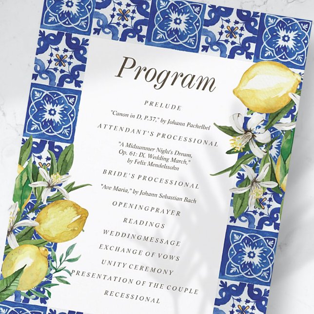 Modern Lemon Foliage Blue Mediterranean Wedding Program (Creator Uploaded)
