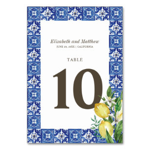 Modern Lemon Foliage Blue Mediterranean Wedding Table Number