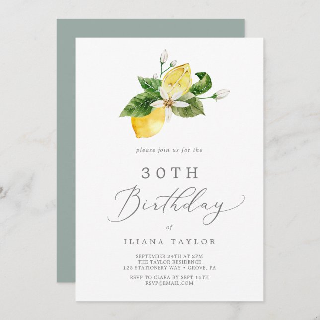 Modern Lemon Garden 30th Birthday Invitation (Front/Back)