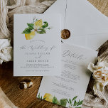 Modern Lemon Garden All In One Wedding Invitation<br><div class="desc">This modern lemon garden all in one wedding invitation is perfect for a spring or summer wedding. The rustic mediterranean design features bright and beautiful watercolor lemons with bohemian white flowers and elegant green leaves. Save paper by including the details on the back of the wedding invitation instead of on...</div>