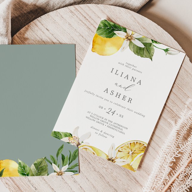 Modern Lemon Garden Casual Floral Backing Wedding Invitation (Creator Uploaded)
