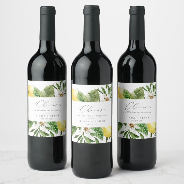 Modern Lemon Garden Cheers Wedding Wine Label (Bottles)