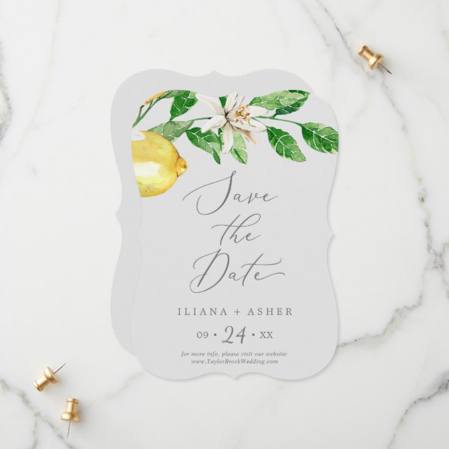 Modern Lemon Garden | Grey Wedding Save The Date (Front/Back In Situ)
