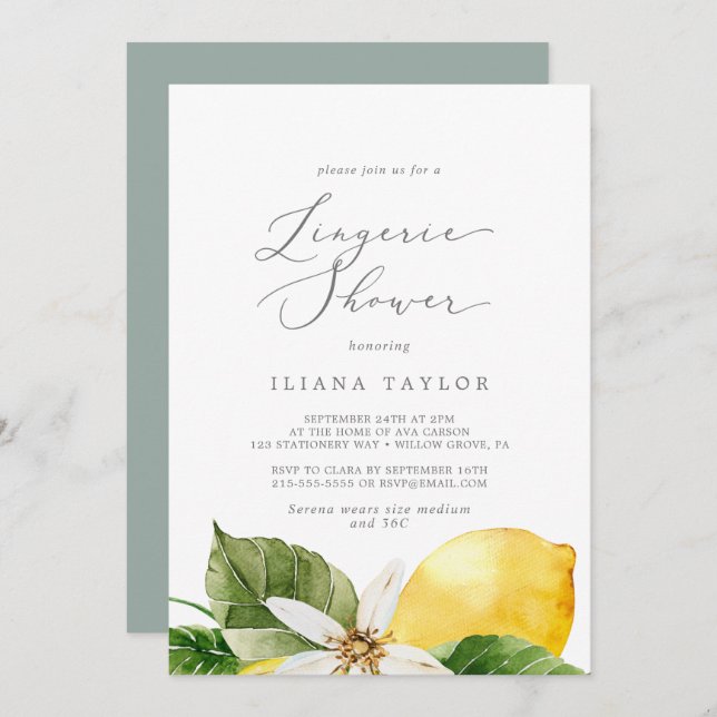 Modern Lemon Garden Lingerie Shower Invitation (Front/Back)