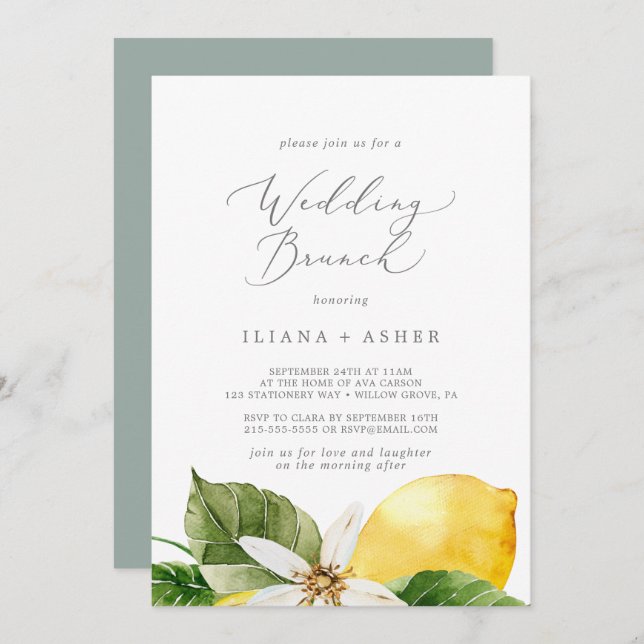 Modern Lemon Garden Wedding Brunch Invitation (Front/Back)
