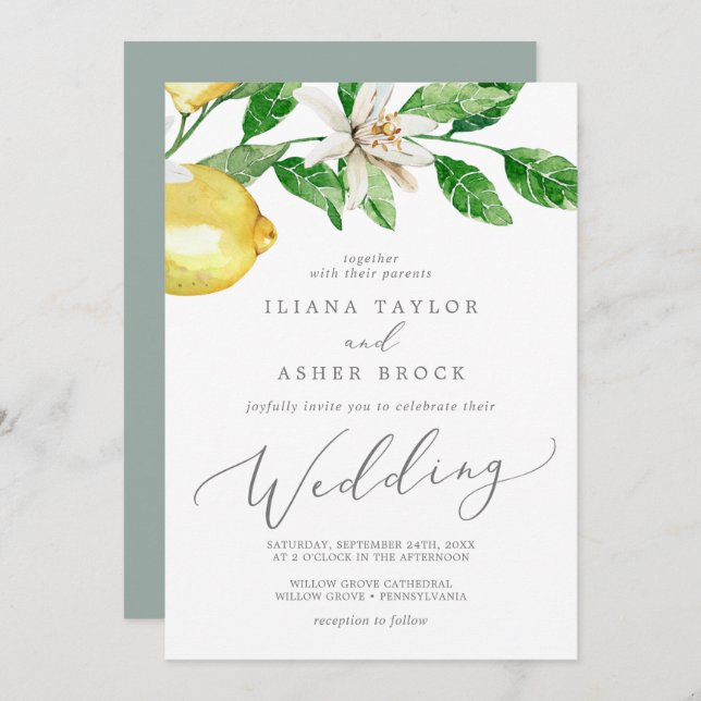 Modern Lemon Garden Wedding Invitation (Front/Back)